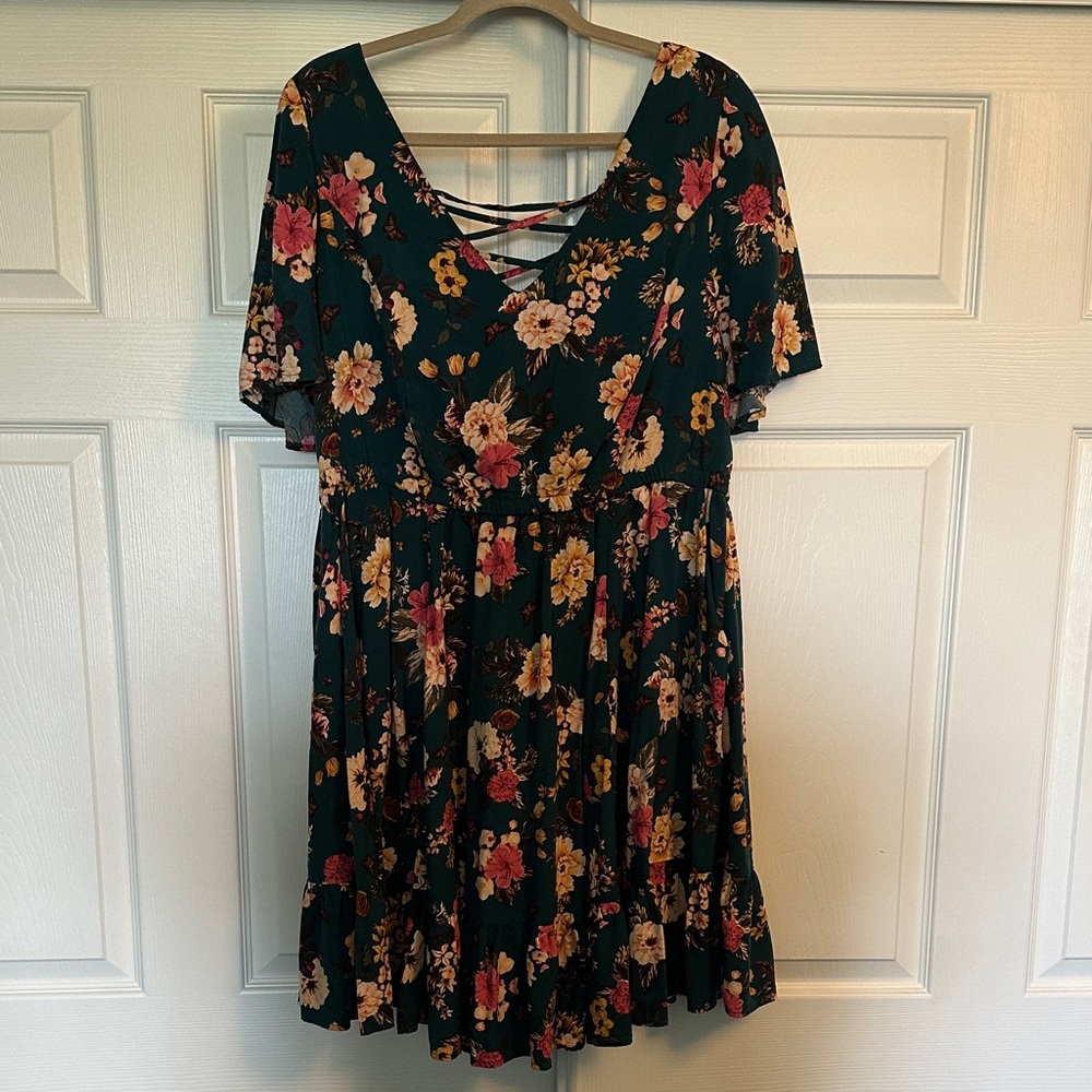 TORRID floral flutter sleeve mini dress with lace up back
